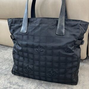 Chanel Travel Line Canvas Leather Tote Bag GM Black Side Buckles Zip Top